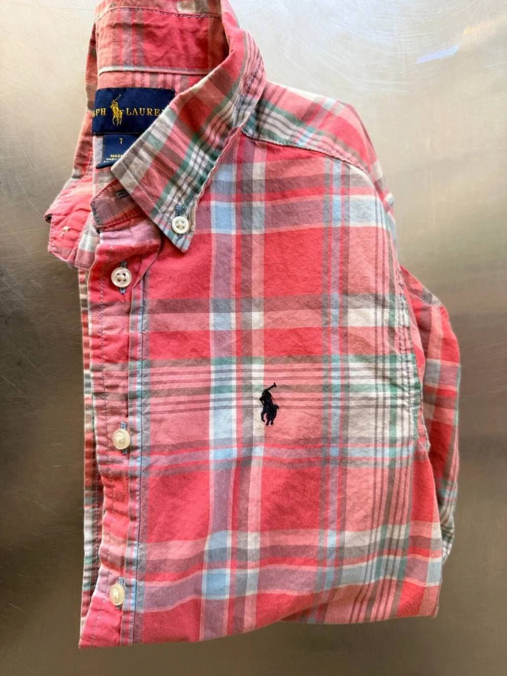 Ralph Lauren Coral Salmon Plaid Button-Down Shirt Size 7